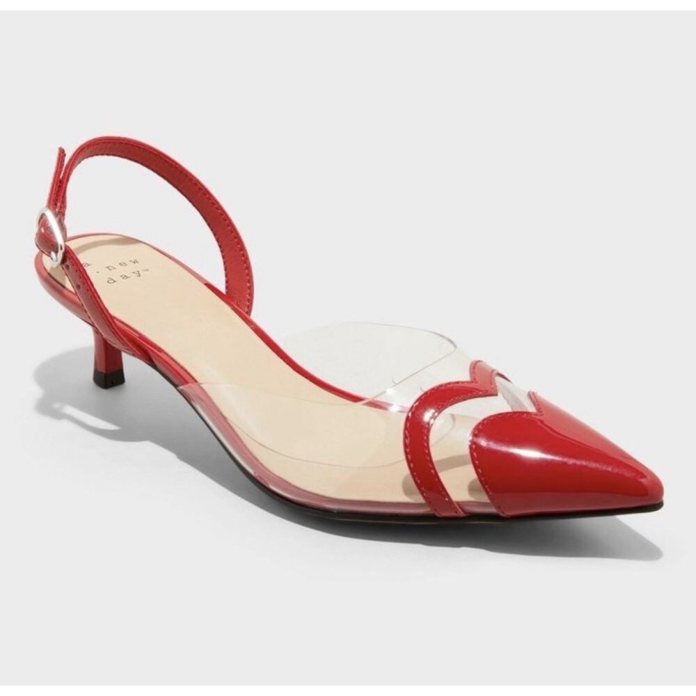 A New Day Red Clear Slingback Heels Kitten Heel Pointed Toe Valentine Y2K Sz 7.5 - Picture 2 of 6